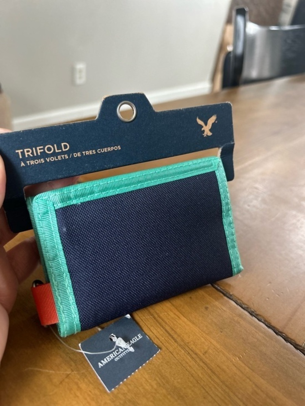 NWT AEO Navy Trifold Wallet with Mint Trim
